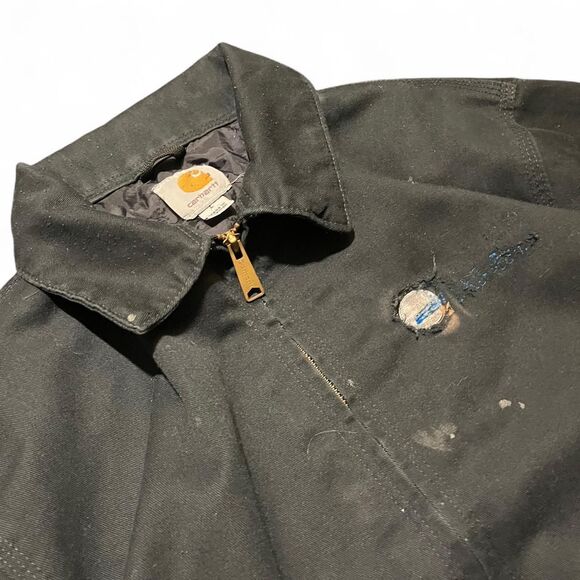 Distressed Carhartt Collared Full Zip Black Jacket Old Painters Stain Patch Sz L - Picture 1 of 6